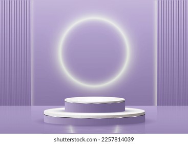 3D podium render vector of purple geometric background or texture. Bright pastel podium or pedestal backdrop. Blank minimal design concept.Vector illustration