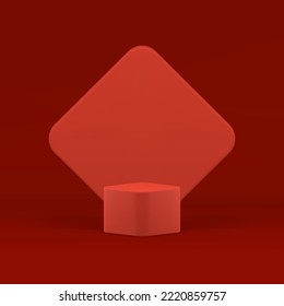 3d podium rhombus red geometric stage ceremony exhibition for product presentation realistic vector illustration. Pedestal squared platform minimalist award arena rendering studio background