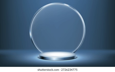 Podio 3D con decoración de morfismo de vidrio redondo sobre fondo azul. Ilustración realista del Vector de la plataforma circular para la publicidad del producto, sala de exposición de la presentación del premio, sombra suave en piso