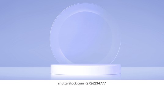 Podio 3D con decoración de morfismo de vidrio redondo sobre fondo azul claro. Ilustración realista del Vector de la plataforma circular para la publicidad del producto, sala de exposición de la presentación del premio, sombra suave en piso