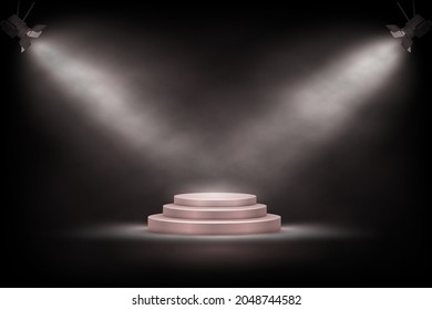 3d podium, round platform stage and spotlights vector illustration. Empty realistic triple pedestal with steps for product, award for winner in ceremony show event or modern showcase room background