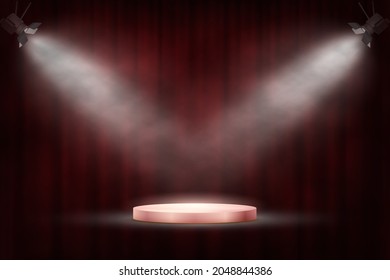 3d podium, round platform stage and spotlights vector illustration. Empty realistic pedestal for product on red curtain background. Award for winner in ceremony show event or modern showcase room