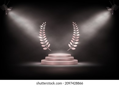 3d podium, round platform stage and spotlights vector illustration. Empty realistic pedestal with laurel wreath for product, award for winner in ceremony show event or modern showcase room background