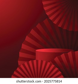 3d Podium round, square box stage podium and paper art Chinese new year,Chinese Festivals, Mid Autumn Festival, red paper cut, fan, flower and asian elements with craft style on background.