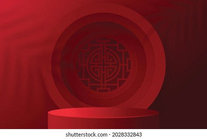 3d Podium round, square box stage podium and paper art Chinese new year,Chinese Festivals, Mid Autumn Festival, red paper cut, fan, flower and asian elements with craft style on background.