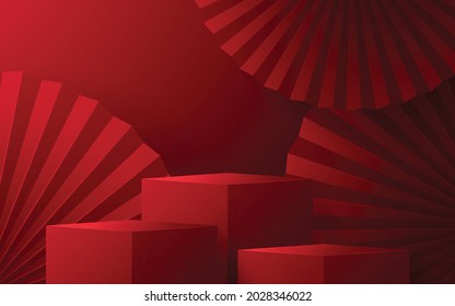 3d Podium round, square box stage podium and paper art Chinese new year,Chinese Festivals, Mid Autumn Festival, red paper cut, fan, flower and asian elements with craft style on background.