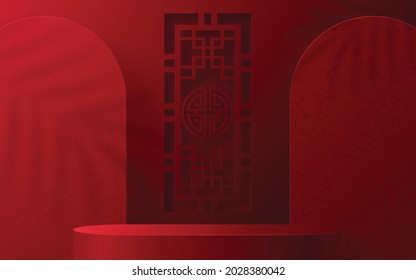 3d Podium round, square box stage podium and paper art Chinese new year,Chinese Festivals, Mid Autumn Festival, red paper cut, fan, flower and asian elements with craft style on background.