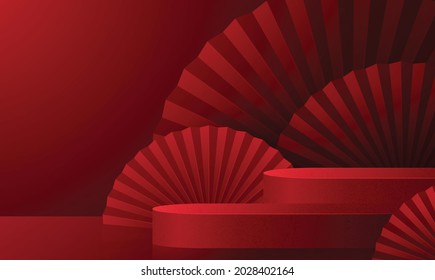 3d Podium round, square box stage podium and paper art Chinese new year,Chinese Festivals, Mid Autumn Festival, red paper cut, fan, flower and asian elements with craft style on background.