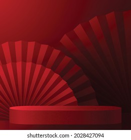 3d Podium round, square box stage podium and paper art Chinese new year,Chinese Festivals, Mid Autumn Festival, red paper cut, fan, flower and asian elements with craft style on background.