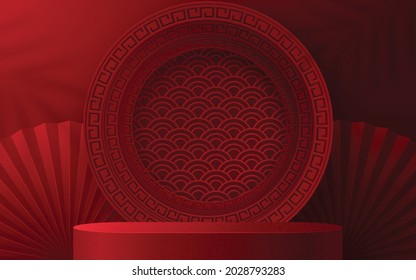 3d Podium round, square box stage podium and paper art Chinese new year,Chinese Festivals, Mid Autumn Festival, red paper cut, fan, flower and asian elements with craft style on background.