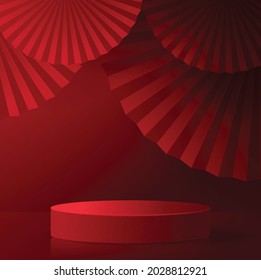 3d Podium round, square box stage podium and paper art Chinese new year,Chinese Festivals, Mid Autumn Festival, red paper cut, fan, flower and asian elements with craft style on background.