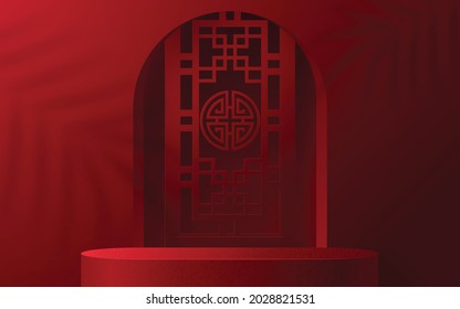 3d Podium round, square box stage podium and paper art Chinese new year,Chinese Festivals, Mid Autumn Festival, red paper cut, fan, flower and asian elements with craft style on background.