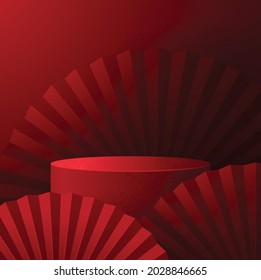 3d Podium round, square box stage podium and paper art Chinese new year,Chinese Festivals, Mid Autumn Festival, red paper cut, fan, flower and asian elements with craft style on background.