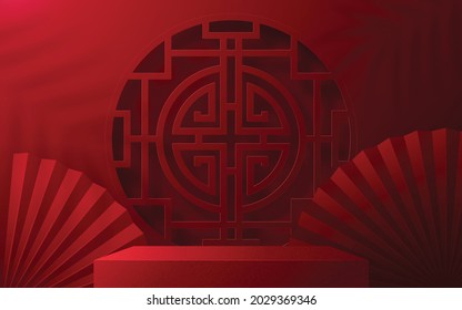 3d Podium round, square box stage podium and paper art Chinese new year,Chinese Festivals, Mid Autumn Festival, red paper cut, fan, flower and asian elements with craft style on background.