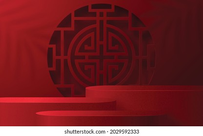 3d Podium round, square box stage podium and paper art Chinese new year,Chinese Festivals, Mid Autumn Festival, red paper cut, fan, flower and asian elements with craft style on background.