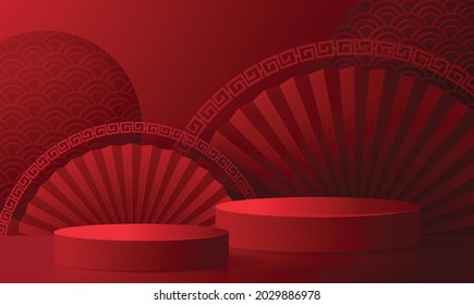 3d Podium round, square box stage podium and paper art Chinese new year,Chinese Festivals, Mid Autumn Festival, red paper cut, fan, flower and asian elements with craft style on background.