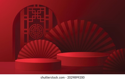 3d Podium round, square box stage podium and paper art Chinese new year,Chinese Festivals, Mid Autumn Festival, red paper cut, fan, flower and asian elements with craft style on background.
