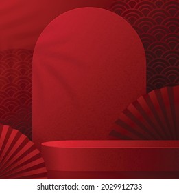 3d Podium round, square box stage podium and paper art Chinese new year,Chinese Festivals, Mid Autumn Festival, red paper cut, fan, flower and asian elements with craft style on background.