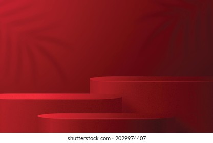 3d Podium round, square box stage podium and paper art Chinese new year,Chinese Festivals, Mid Autumn Festival, red paper cut, fan, flower and asian elements with craft style on background.