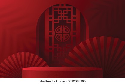 3d Podium round, square box stage podium and paper art Chinese new year,Chinese Festivals, Mid Autumn Festival, red paper cut, fan, flower and asian elements with craft style on background.