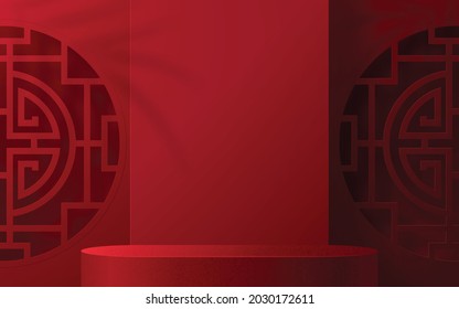 3d Podium round, square box stage podium and paper art Chinese new year,Chinese Festivals, Mid Autumn Festival, red paper cut, fan, flower and asian elements with craft style on background.