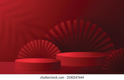 3d Podium round, square box stage podium and paper art Chinese new year,Chinese Festivals, Mid Autumn Festival, red paper cut, fan, flower and asian elements with craft style on background.