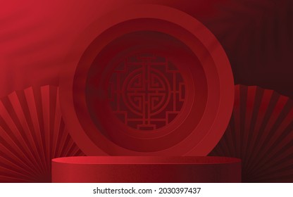 3d Podium round, square box stage podium and paper art Chinese new year,Chinese Festivals, Mid Autumn Festival, red paper cut, fan, flower and asian elements with craft style on background.