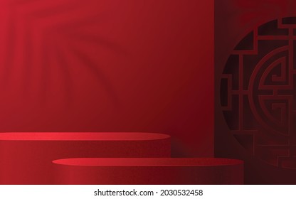 3d Podium round, square box stage podium and paper art Chinese new year,Chinese Festivals, Mid Autumn Festival, red paper cut, fan, flower and asian elements with craft style on background.