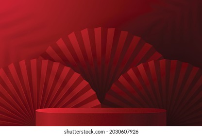 3d Podium round, square box stage podium and paper art Chinese new year,Chinese Festivals, Mid Autumn Festival, red paper cut, fan, flower and asian elements with craft style on background.