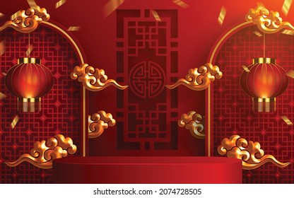 3d Podium round, square box stage podium and paper art Chinese new year,Chinese Festivals, Mid Autumn Festival, red paper cut, fan, flower and asian elements with craft style on background.