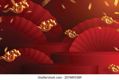 3d Podium round, square box stage podium and paper art Chinese new year,Chinese Festivals, Mid Autumn Festival, red paper cut, fan, flower and asian elements with craft style on background.