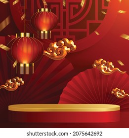 3d Podium round, square box stage podium and paper art Chinese new year,Chinese Festivals, Mid Autumn Festival, red paper cut, fan, flower and asian elements with craft style on background.