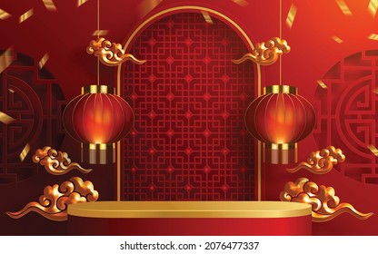 3d Podium round, square box stage podium and paper art Chinese new year,Chinese Festivals, Mid Autumn Festival, red paper cut, fan, flower and asian elements with craft style on background.