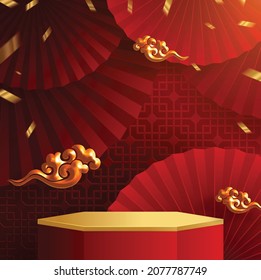 3d Podium round, square box stage podium and paper art Chinese new year,Chinese Festivals, Mid Autumn Festival, red paper cut, fan, flower and asian elements with craft style on background.