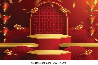 3d Podium round, square box stage podium and paper art Chinese new year,Chinese Festivals, Mid Autumn Festival, red paper cut, fan, flower and asian elements with craft style on background.