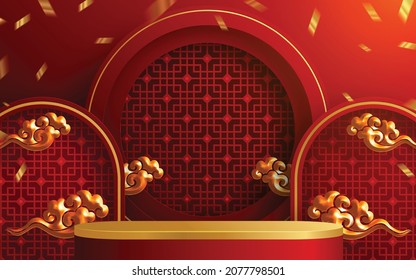 3d Podium round, square box stage podium and paper art Chinese new year,Chinese Festivals, Mid Autumn Festival, red paper cut, fan, flower and asian elements with craft style on background.