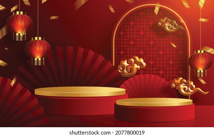 3d Podium round, square box stage podium and paper art Chinese new year,Chinese Festivals, Mid Autumn Festival, red paper cut, fan, flower and asian elements with craft style on background.