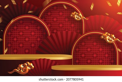 3d Podium round, square box stage podium and paper art Chinese new year,Chinese Festivals, Mid Autumn Festival, red paper cut, fan, flower and asian elements with craft style on background.