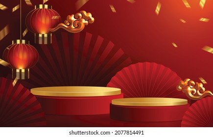 3d Podium round, square box stage podium and paper art Chinese new year,Chinese Festivals, Mid Autumn Festival, red paper cut, fan, flower and asian elements with craft style on background.