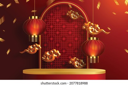 3d Podium round, square box stage podium and paper art Chinese new year,Chinese Festivals, Mid Autumn Festival, red paper cut, fan, flower and asian elements with craft style on background.