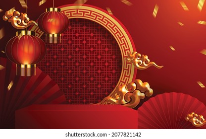 3d Podium round, square box stage podium and paper art Chinese new year,Chinese Festivals, Mid Autumn Festival, red paper cut, fan, flower and asian elements with craft style on background.