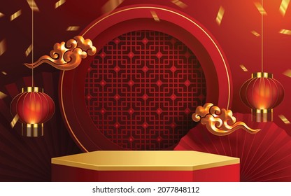 3d Podium round, square box stage podium and paper art Chinese new year,Chinese Festivals, Mid Autumn Festival, red paper cut, fan, flower and asian elements with craft style on background.