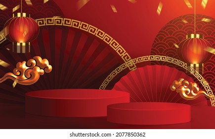 3d Podium round, square box stage podium and paper art Chinese new year,Chinese Festivals, Mid Autumn Festival, red paper cut, fan, flower and asian elements with craft style on background.