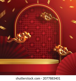 3d Podium round, square box stage podium and paper art Chinese new year,Chinese Festivals, Mid Autumn Festival, red paper cut, fan, flower and asian elements with craft style on background.