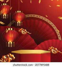 3d Podium round, square box stage podium and paper art Chinese new year,Chinese Festivals, Mid Autumn Festival, red paper cut, fan, flower and asian elements with craft style on background.