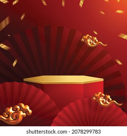 3d Podium round, square box stage podium and paper art Chinese new year,Chinese Festivals, Mid Autumn Festival, red paper cut, fan, flower and asian elements with craft style on background.