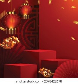 3d Podium round, square box stage podium and paper art Chinese new year,Chinese Festivals, Mid Autumn Festival, red paper cut, fan, flower and asian elements with craft style on background.