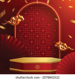 3d Podium round, square box stage podium and paper art Chinese new year,Chinese Festivals, Mid Autumn Festival, red paper cut, fan, flower and asian elements with craft style on background.