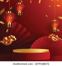3d Podium round, square box stage podium and paper art Chinese new year,Chinese Festivals, Mid Autumn Festival, red paper cut, fan, flower and asian elements with craft style on background.