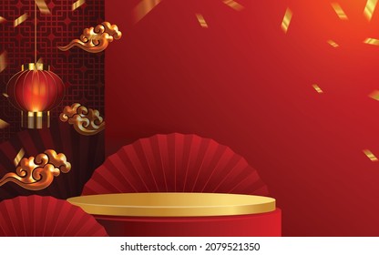 3d Podium round, square box stage podium and paper art Chinese new year,Chinese Festivals, Mid Autumn Festival, red paper cut, fan, flower and asian elements with craft style on background.